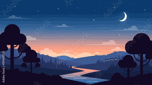 Pixel Art Twilight Landscape with Crescent Moon and River