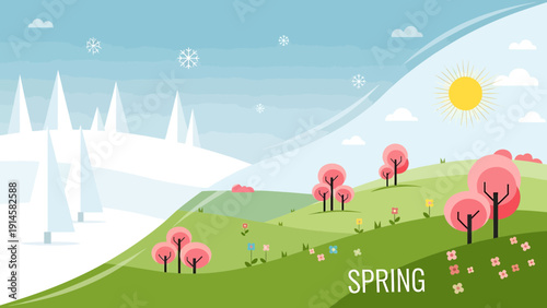 Seasonal Transition: Winter to Spring Landscape with Snow Melting and Blooming