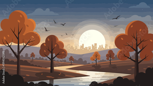 Serene Autumn Landscape with River, Trees, and Distant City Skyline at Sunrise