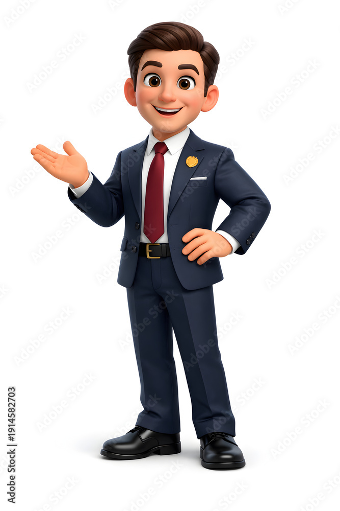 Fototapeta premium A cartoon character in a suit, smiling and gesturing with one hand.