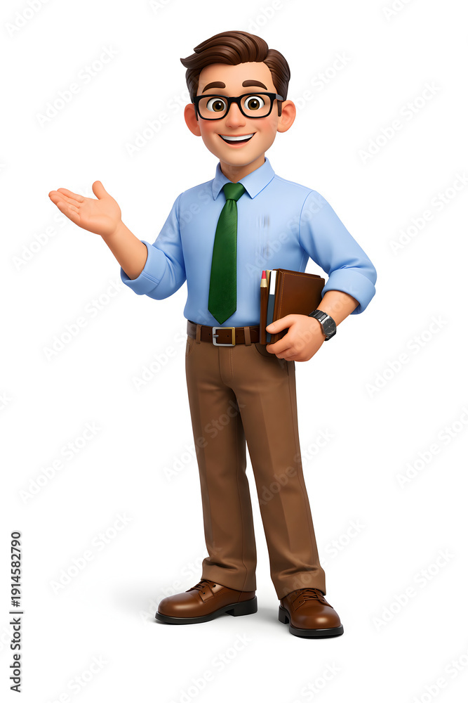 Obraz premium A friendly animated character in business attire, smiling and gesturing with a notebook.