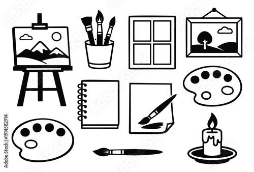 Clean line art artist tools set featuring an easel, brushes, palettes, and a notebook for creative hobbies