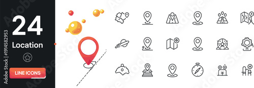 Location Line Icons Set, Map Pin, Navigation and GPS Editable Stroke Vector Collection in Minimal Outline Style on White Background