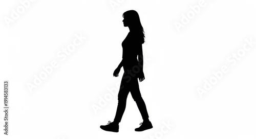 Silhouette of a woman walking on a white background.