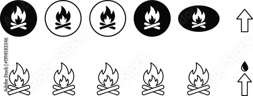 Campfire flame icon set fire symbol outline and solid vector collection