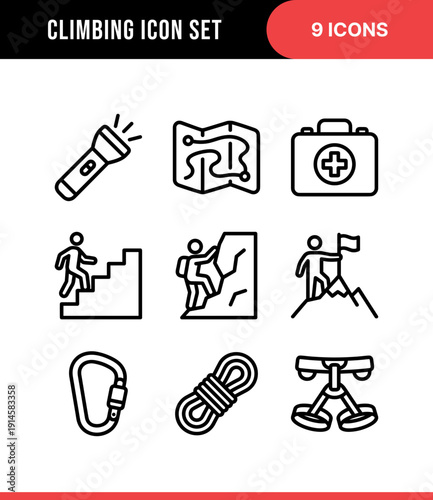 Simple Line Climbing Icon Set with Mountain and Equipment Details