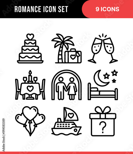 Linear Style Romance Icon Set with Heart and Love Detail