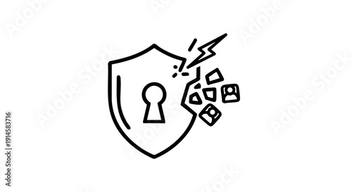 Shield with keyhole breached by lightning bolt data fragments escaping simple line art illustration on white background