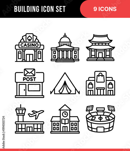 Simple Outline Building Icon Illustration Set for City Element Design