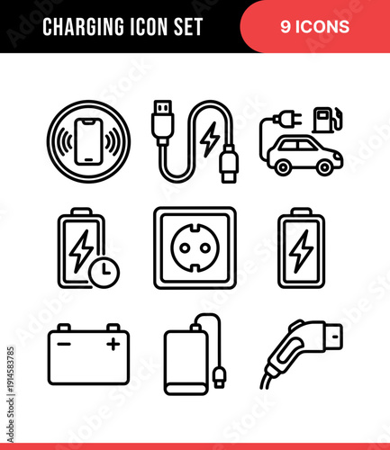 Simple Line Charging Station and Electricity Related Icon Element Set
