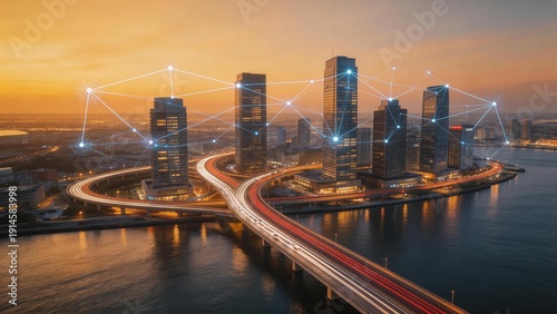 City skyline with connected network overlay