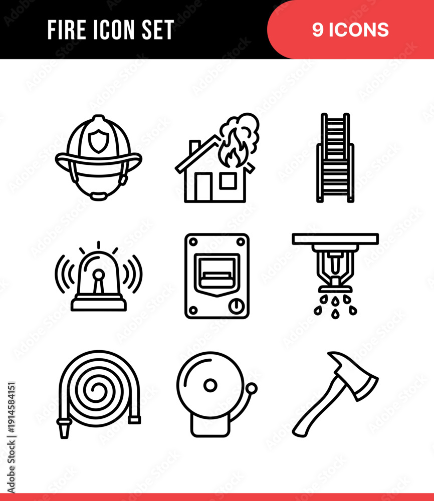 Fototapeta premium Outline Firefighter Protection and Safety Equipment Icon Set Illustration