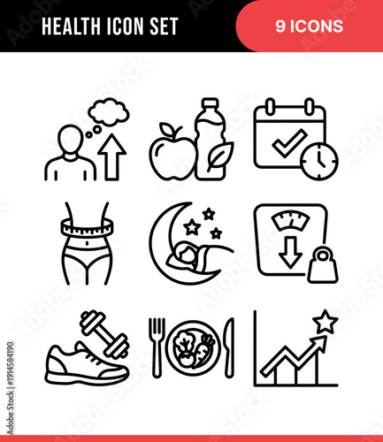Line Art Health and Fitness Lifestyle Icon Set with Various Elements