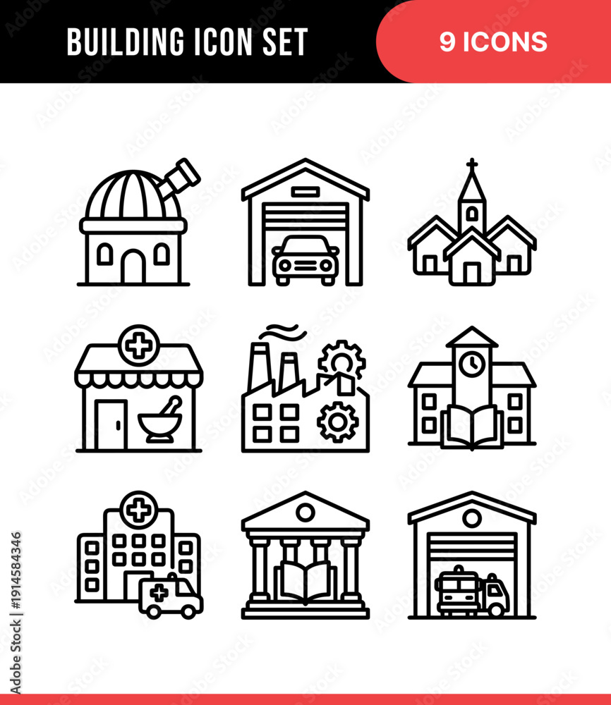 Fototapeta premium Simple Outline Building Landmark Icon Set for Cityscape and Architecture