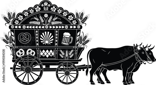 Traditional decorated bullock cart silhouette with oxen representing rural culture, agriculture heritage, folk transportation, festival art, and vintage countryside life isolated on white background