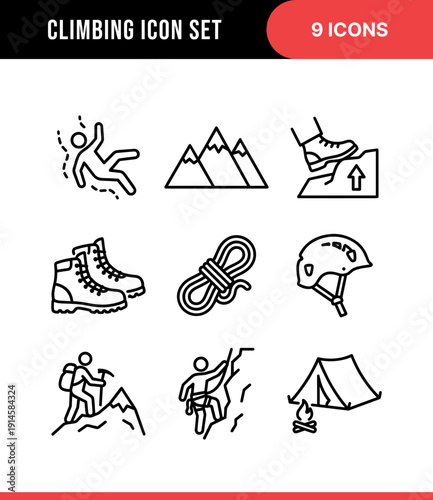 Black Line Style Climbing Icon Set with Equipment and People in Various Poses