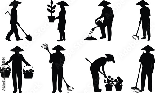 Traditional farmer silhouettes performing gardening and farming tasks, rural agriculture activities set, planting, watering, harvesting concept, manual labor lifestyle, countryside work, black vector 