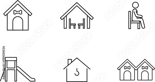 Dog house furniture playground and pet shelter line icon set vector collection