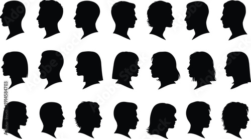 Human head profile silhouette collection featuring various male and female hairstyles and face shapes isolated on white background for social media avatar design