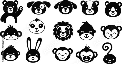 Cute animal face icon set featuring bear dog panda lion monkey and rabbit characters isolated on white background for nursery wall art