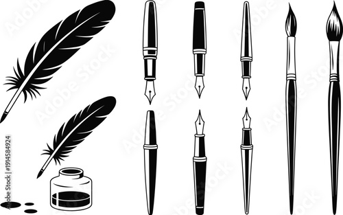 Vintage calligraphy writing tools set with fountain pens, quill feathers, ink bottle and brushes isolated on white background for classic illustration and design