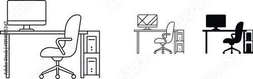 Home office desk and computer workstation line icon set workspace outline vector collection