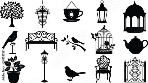 Vintage garden silhouette icon set with trees, birds, benches, lanterns, teapot, birdcage and wrought iron gate, romantic outdoor decor elements isolated on white background vector
