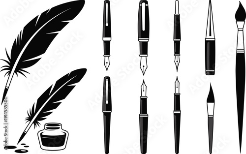 Vintage writing tools collection with fountain pens, ink bottle, quill feathers and calligraphy brushes isolated on white background for classic design and illustration use
