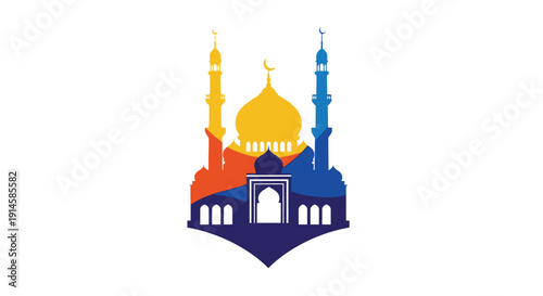 Mosque silhouette with colorful domes and minarets