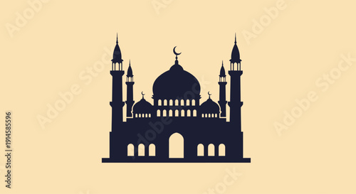 Mosque silhouette with domes and minarets on beige background