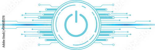 Glowing cyan power button icon on abstract digital circuit background