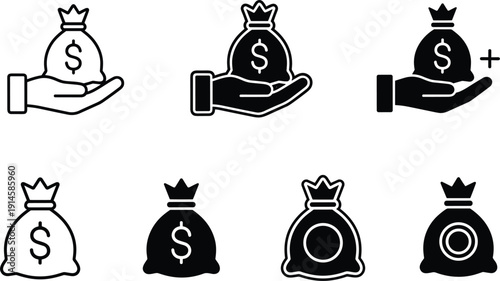 Money bag and hand finance icon set investment savings outline vector collection