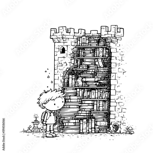 Boy looking at large book tower in castle books stacked illustration cartoon