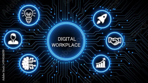 Wallpaper Mural A glowing neon digital workplace I concept surrounded by smaller icons for ai and manufacturing process management all connected in a digital circuit like pattern, manufacturing planning,  Torontodigital.ca