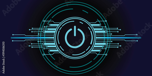 Digital power button icon with glowing circuitry and futuristic hud elements on dark background
