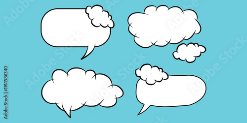 Set of four hand drawn speech bubbles and thought clouds in comic style
