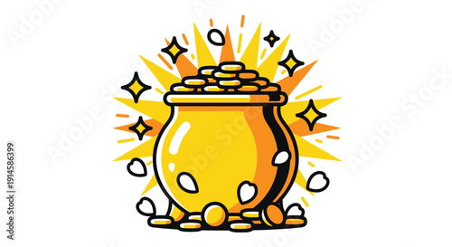 Pot of gold coins with glowing burst behind a lucky treasure pot