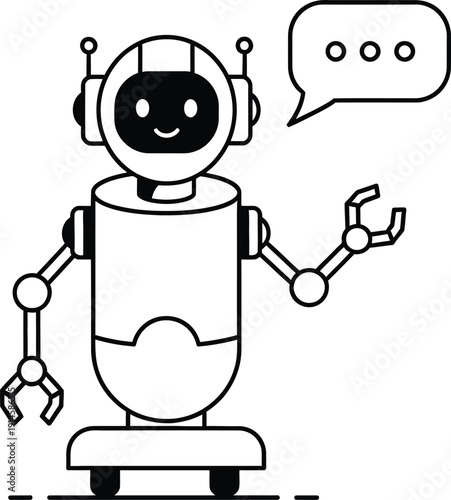 A simple line drawing of a robot holding wrenches and having a conversation.