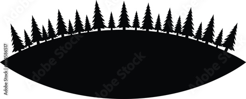 Coniferous pine forest tree silhouette on a curved hill landscape background isolated on white for mountain outdoor camping nature and wilderness design