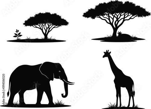 African safari wildlife silhouette set featuring elephant giraffe acacia trees and savannah landscape isolated on white background for travel and nature design