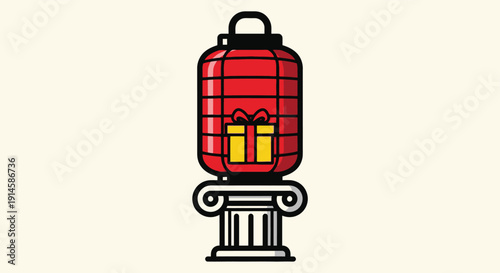 Red lantern with gift on classical pedestal