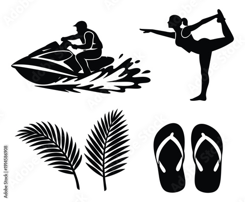 Graphic summer set featuring a jet ski, a woman doing yoga, palm leaves, and flip flops for vacation activities
