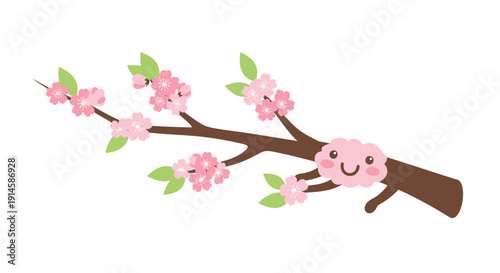 Cherry Blossom Branch with Cute Smiling Cloud Woody Character