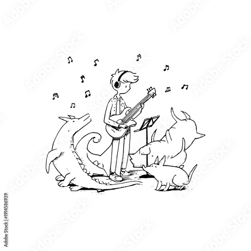 Boy plays guitar with dragon and dog on white background music animals