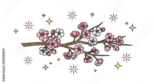 Cherry Blossom Branch with Stars and Sparkles