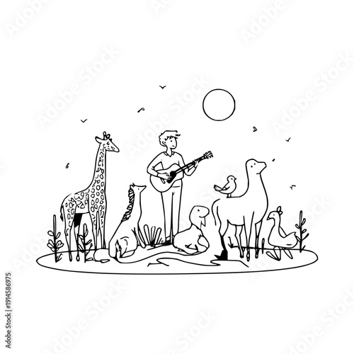 Man playing guitar with animals outdoors giraffe duck goose dog sun