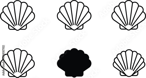 Seashell scallop shell icon set beach ocean marine outline and silhouette vector collection