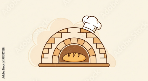 Brick pizza oven with chef's hat and bread inside cooking