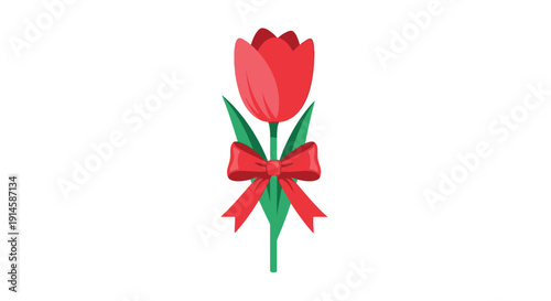 Red tulip with green stem and red ribbon bow