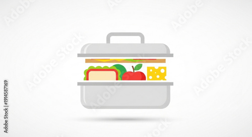 Lunchbox with sandwich apple and cheese on white background